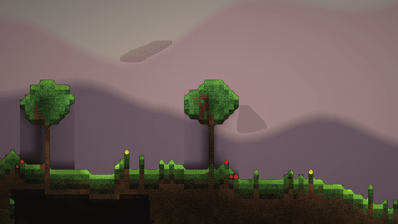 A meadow with trees at dusk